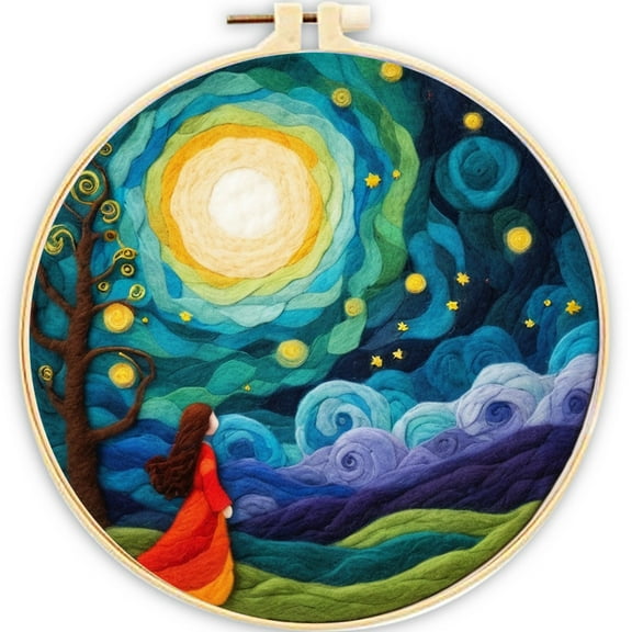 Starry Sky Needle Felt Painting Set Beginner Felt Painting Set with Decorative Frame Suitable for Home Decoration Christmas Gift