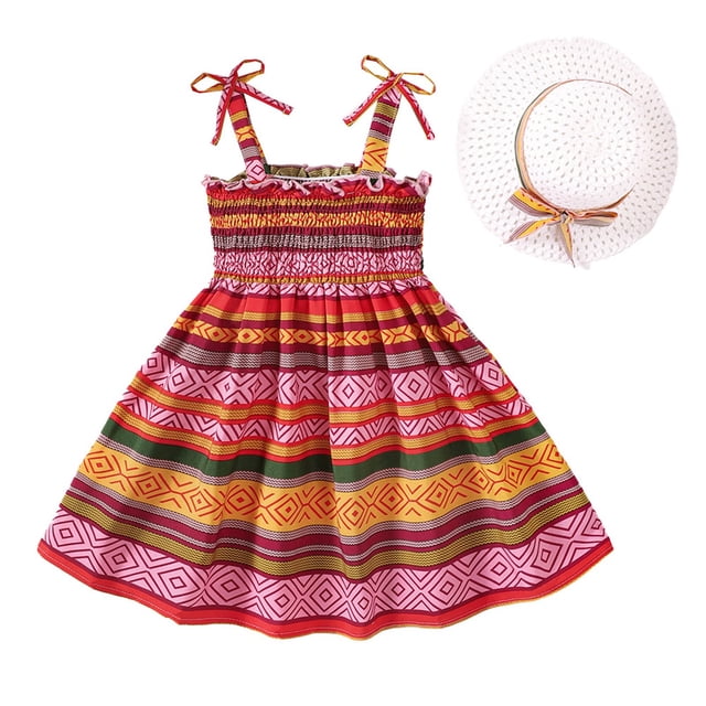 Robe pour Enfants Mignonne Rayée Robe d'Été Décontractée Jupe Florale Robe d'Été Tenue Robes Filles Rouge