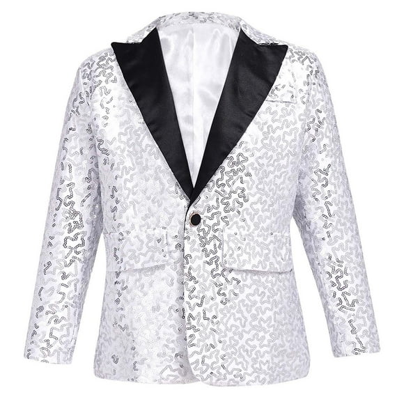 Zaldita Kids Boys Glitter Sequins Lapel Jacket Blazer Tuxedo Coat Banquet Wedding Party Modern Dance Stage Costume Silver 12