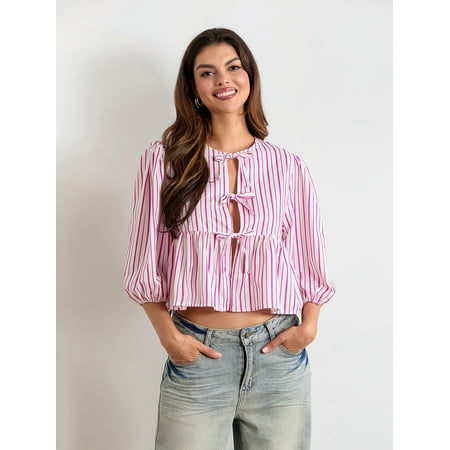 2024 Fall Going Out Top Y2K Striped Babydoll Tops Womens Loose O Neck Open Front Tie-Up Puff Sleeve Ruffled Blouse Streetwear