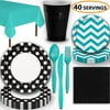 Disposable Tableware, 40 Sets - Midnight Black and Caribbean Teal - Dotted Dinner Plates, Chevron Dessert Plates, Cups, Lunch Napkins, Cutlery, and Tablecloths:  Party Supplies Set