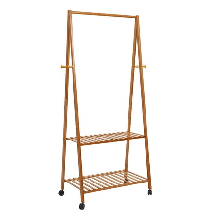 Clothes Rack Tree KARMAS PRODUCT Bamboo Garment Clothes Rack on Wheels Entryway Hall Tree 4 Coat Hooks 2-Tire Storage Shelves Wood Rack Stand for Laundry Guest Room ()