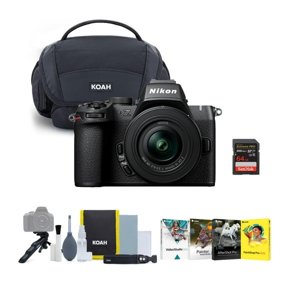 Nikon Z50 II 20.9 MP DX-Format Mirrorless Camera with 16-50mm Lens Bundle with Gadget Bag with Accessory and Cleaning Kit, Software Bundle of 4, and 64GB SDXC UHS-I Memory Card (4 Items)