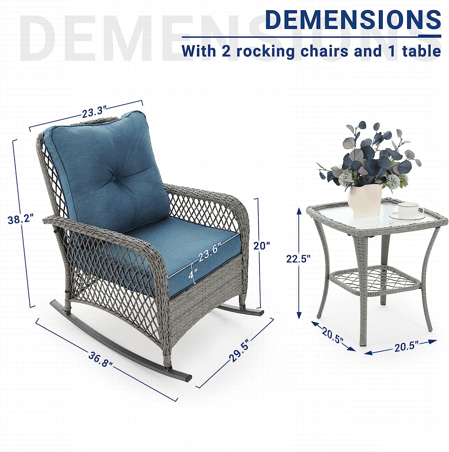 Techmilly 3-Piece Outdoor Rocking Chairs, Wicker Patio Furniture with Thickened Cushions and Table for Porch (Blue)