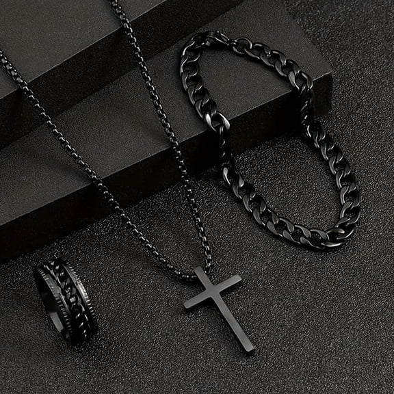 3Pcs Punk Cross Pendant Necklace Bracelet Chain Ring Men's Set Simple Personality Hip Hop Party Jewelry Accessories
