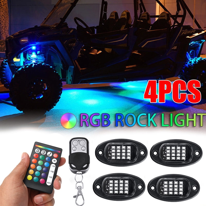 Nicoko Multicolor RGB LED Rock Light Kits with remote control 10 solid colors Many Flashing Modes Neon Lights Under Off Road Truck SUV ATV Motorcycle wiring Harness,1 year warranty Pack 4 