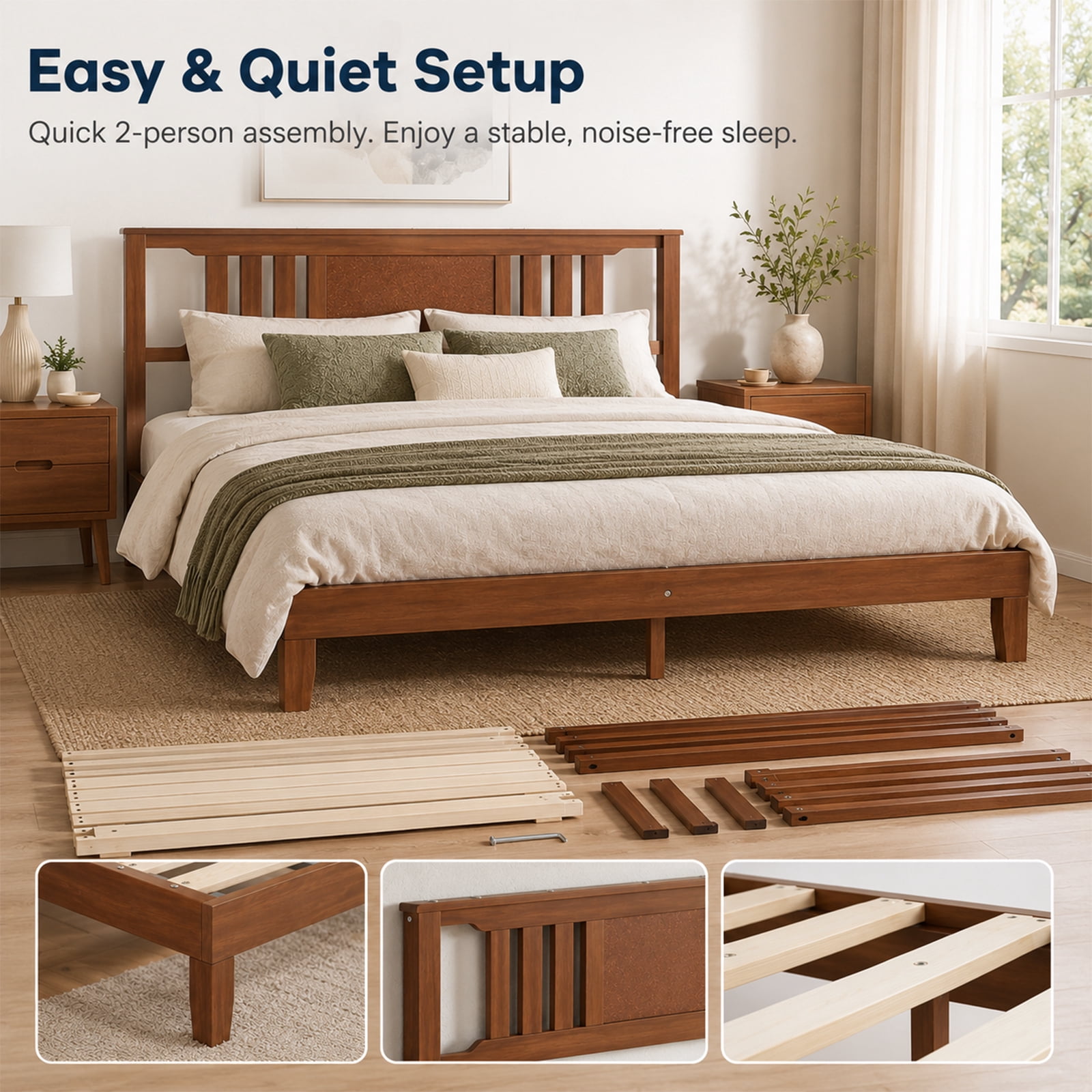 Alvantor Solid Pine Wood Platform Bed Frame with Ergonomic Headboard, 800 lbs Capacity