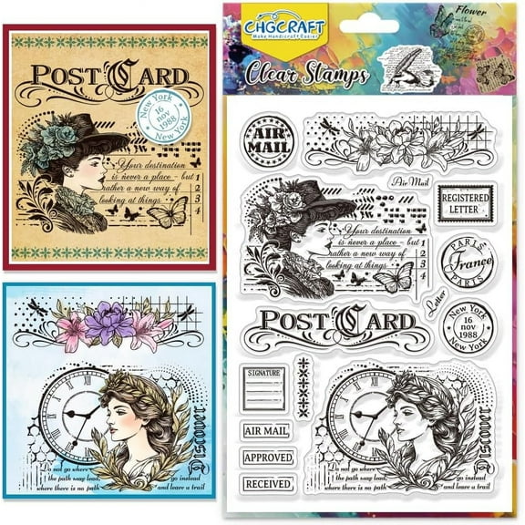 Vintage Ladies Clear Stamps Postcard Transparent Stamps Letter Silicone Clear Stamp Seals for DIY Scrapbooking Photo Album Decoration 4.3x6.3 inch