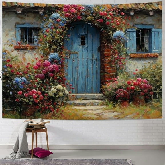 BCIIG House Blue Door Flowers Tapestry Wall Hanging Unique Style 40x30inch