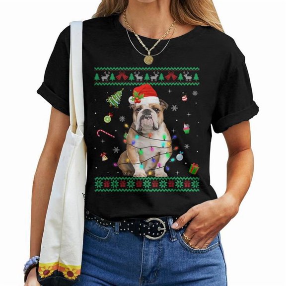 English Bulldog with Christmas Lights and Santa Hat Ugly Sweater Style Graphic Tee Unisex Adult Cotton Holiday Gift for Dog Lovers, Size 2XL, Color Black