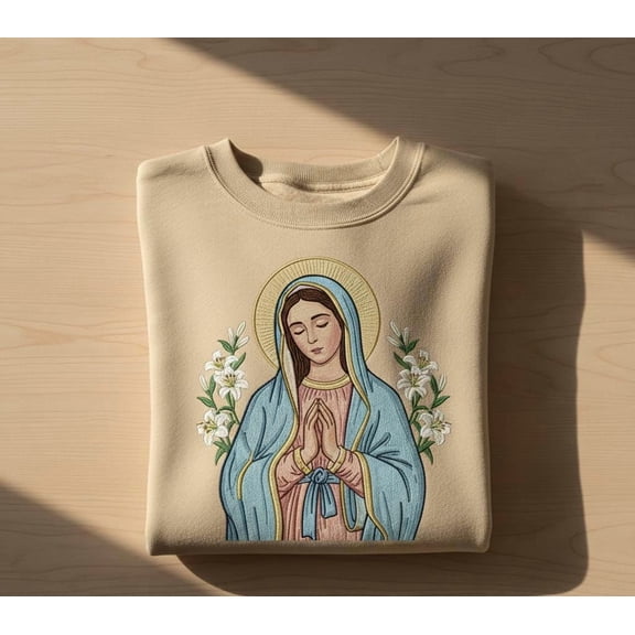 Virgin Mary Embroidered Sweatshirt Religious Catholic Floral Faith Crewneck Gift for Christian Women