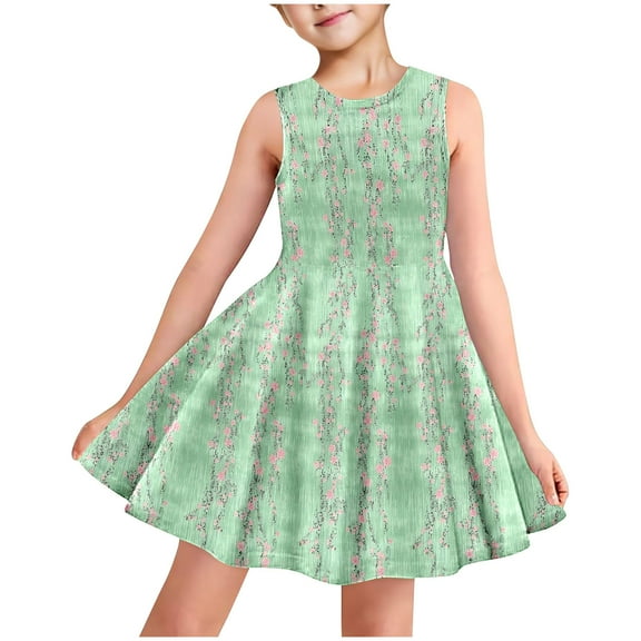 Hrsba Kids Summer Dress,Casual Sleeveless Dress for Girls,Fashionable Full-print Children's Round-neck Sleeveless Dress With Pockets For Middle And Large Children