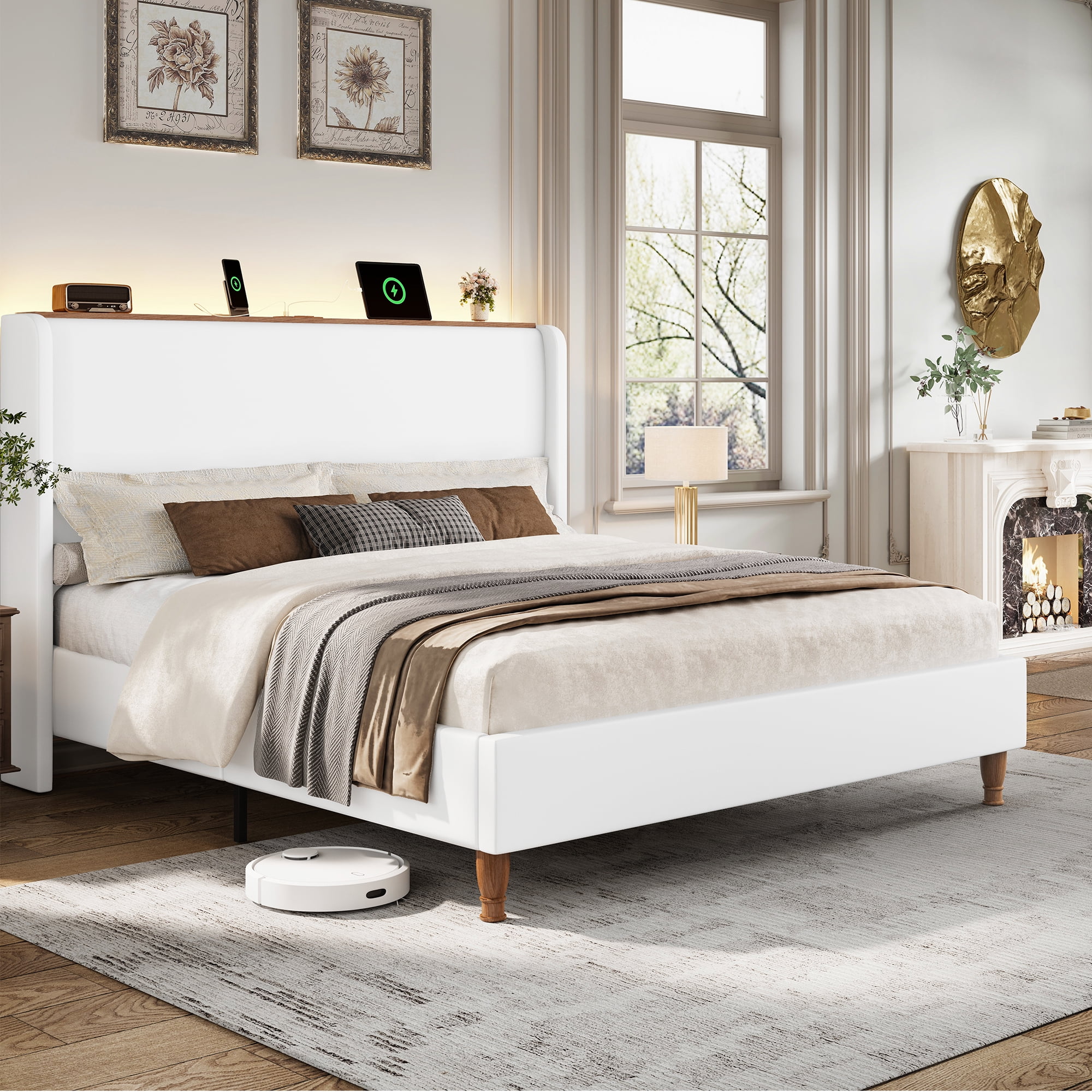 Breltam Upholstered Platform Bed with Wingback Headboard, Queen Size Bed with LED Lights and Charging Station, White