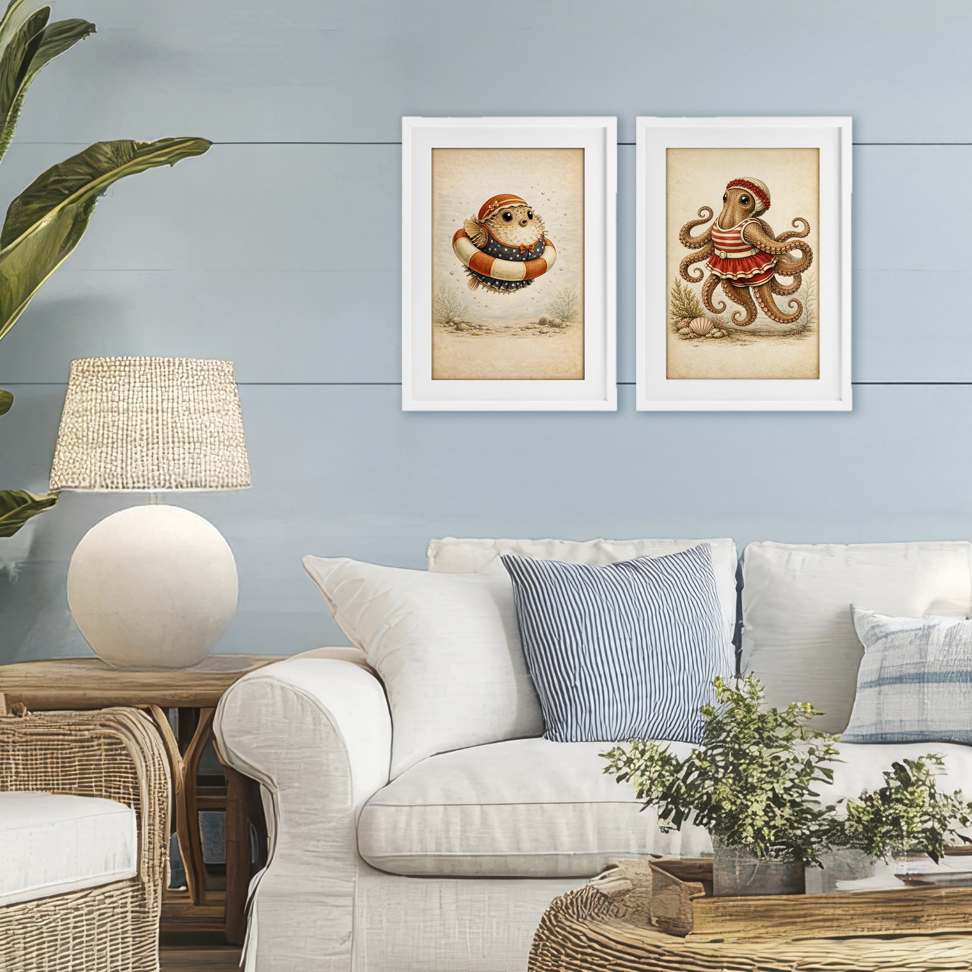 Stupell Industries Vintage Maritime Bathing Creatures 2 Piece White Framed Print Under Glass Set, design by Grotto Studios