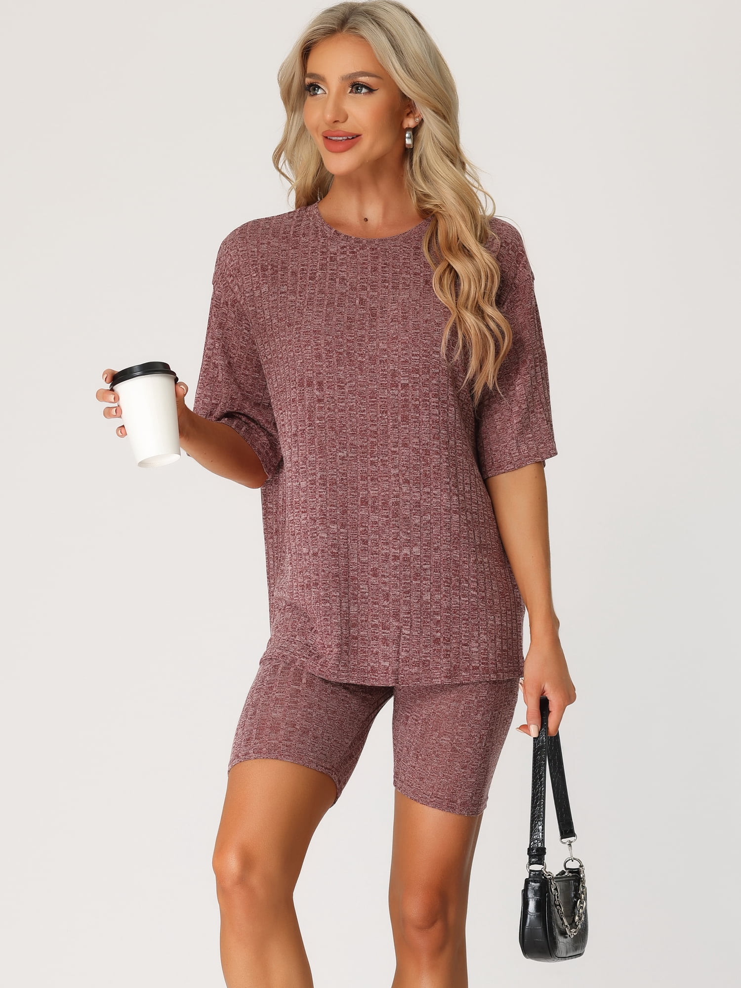 DARING DIVA Women's 2-Piece Knit Soft Tracksuit Short Sleeve Sweatshirt Set L Dark Red