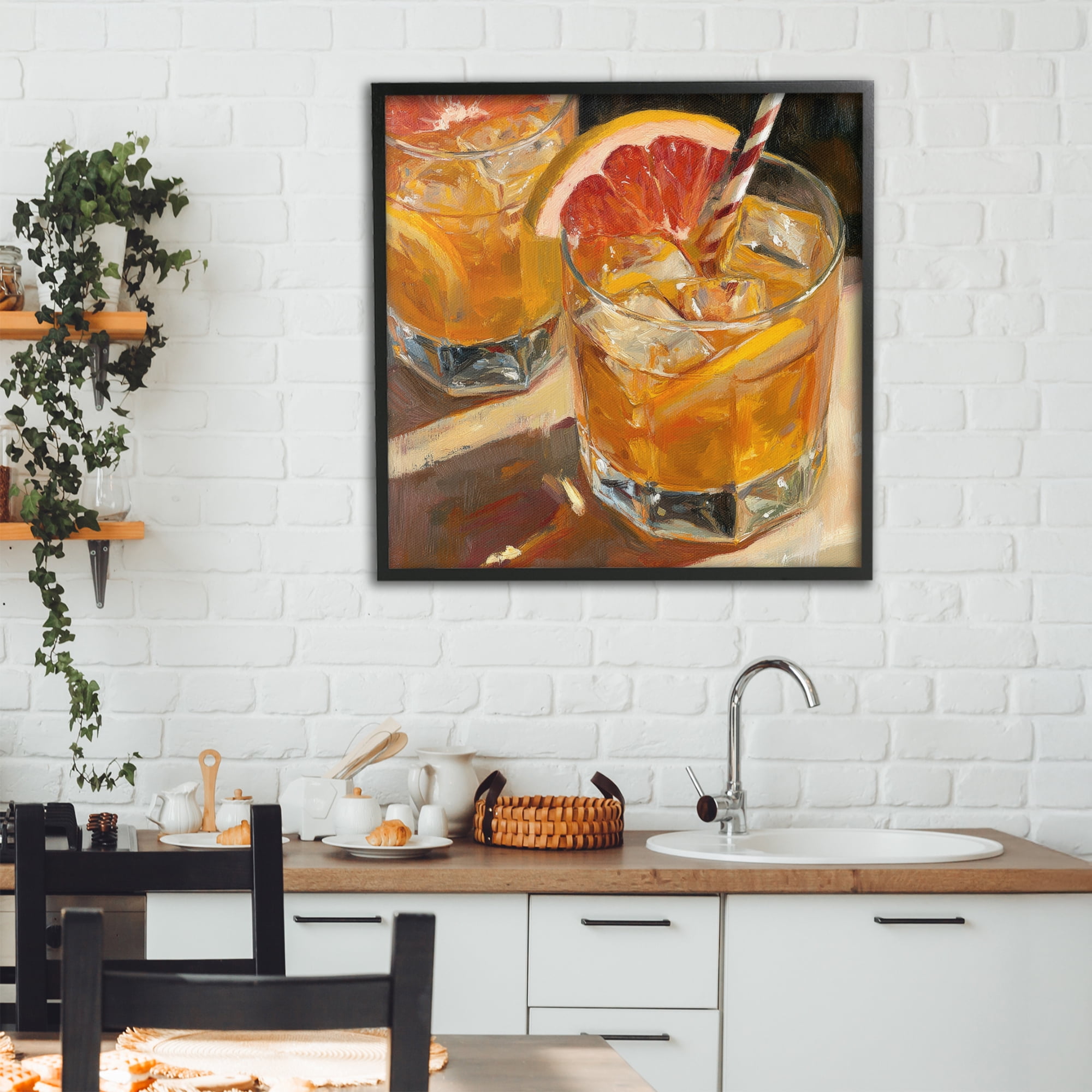 Stupell Industries Grapefruit Cocktail with Ice Cubes Black Framed Giclee Art, design by Petal Prints Design