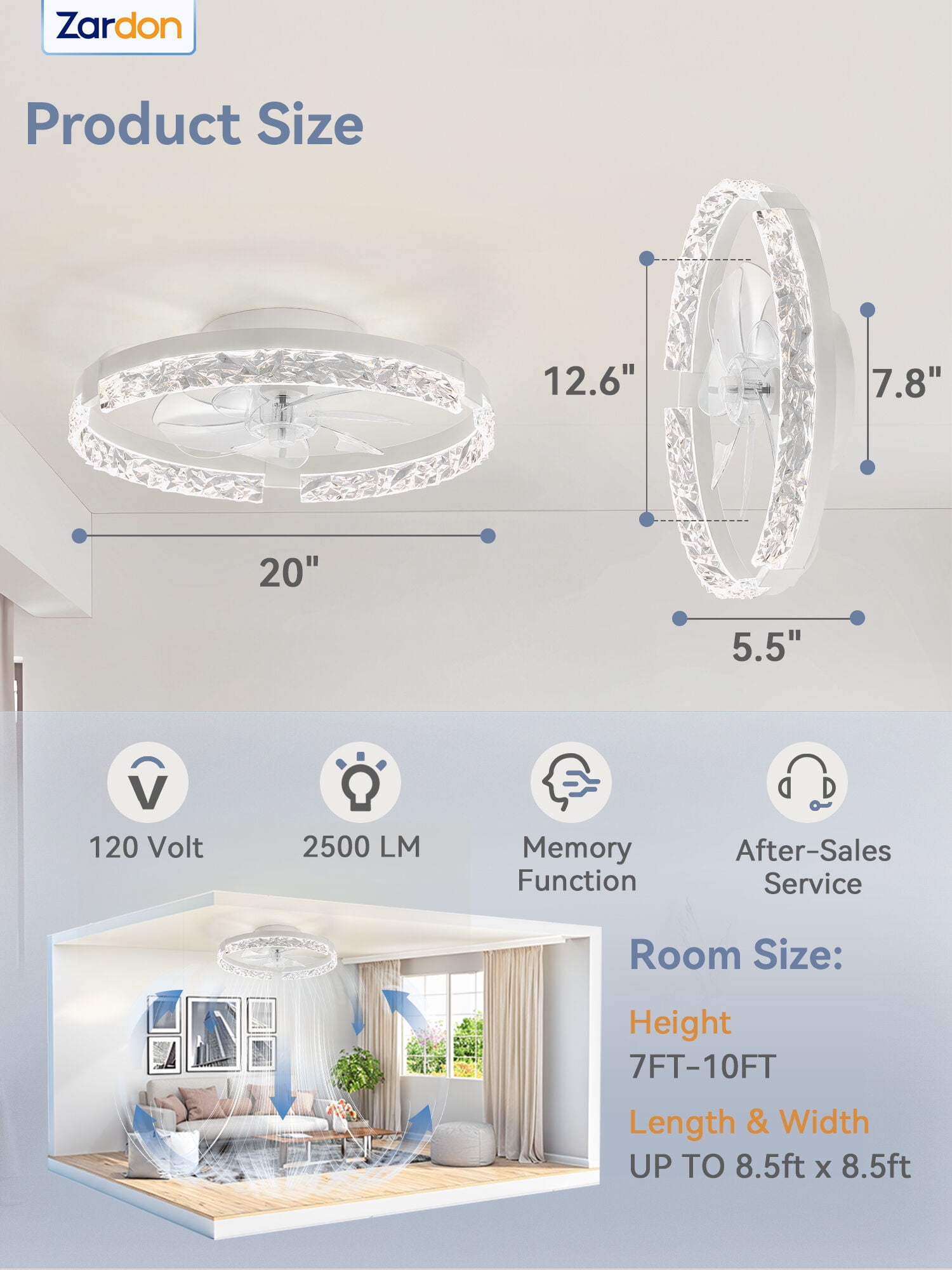 Zardon 20" Ceiling Fan with Light, Low Profile Flush Mount, Remote and Smart App Control, 6 Speeds and Quiet Reversible DC Motor for Bedroom, Living Room, Kitchen