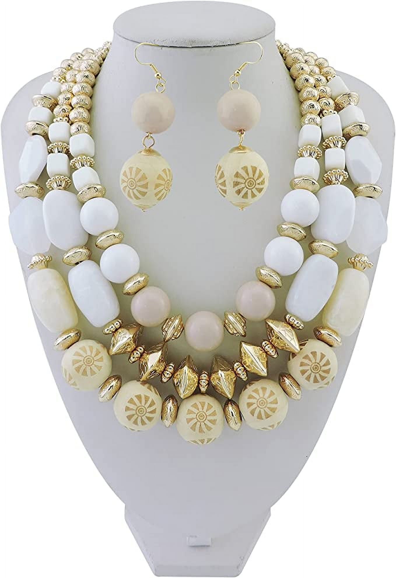 BOCARJEWELRY 3 Layer Chunky Beaded Necklace & Earrings Set – Statement Collar, Rose Gold, No Gemstone - View #5