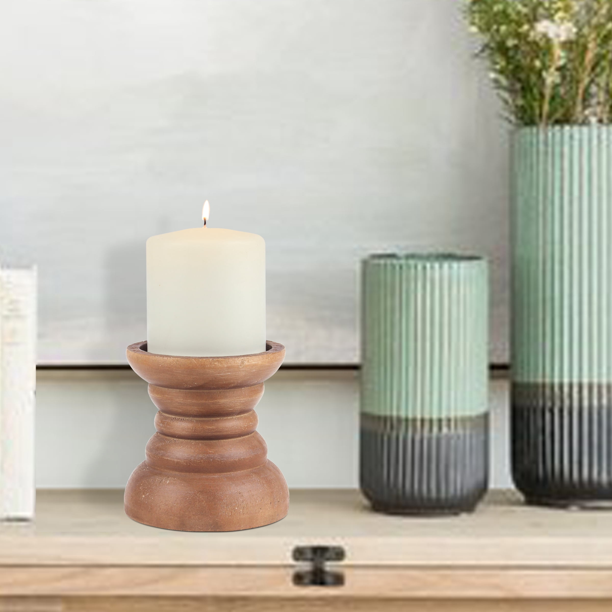 Stonebriar Natural Turned Wood Pillar Candle Holder, Brown, 4"