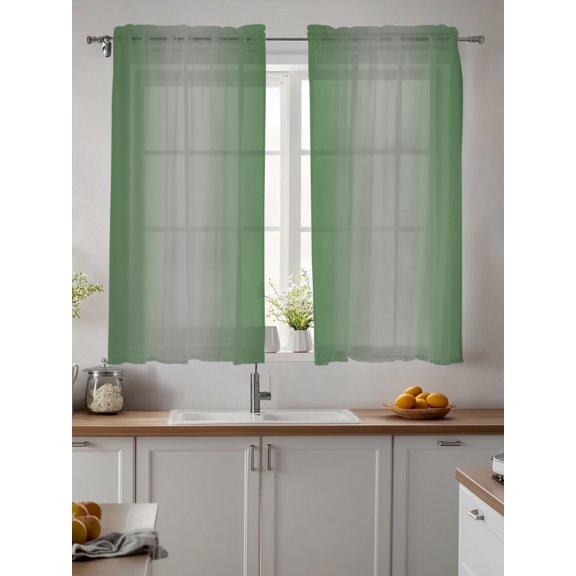 Green Grey Ombre Sheer Kitchen Tier Curtains 45 Inch length,Rod Pocket Half Curtains & Drapes,Modern Gradient Abstract Art Light Filtering Chiffon Cafe Bathroom Window Treatments 2 Pcs 27.5"W x 45"L