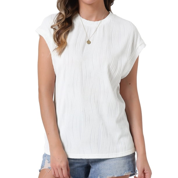 INSPIRAR CHIC Top Texturizado de Verano para Mujer con Mangas Cortas, Cuello Redondo, Suéter Casual Básico XS Blanco