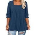 thumbnail image 5 of RYRJJ Plus Size Tops for Women 3/4 Rolled Sleeve Tunics Pleated Front Square Neck T-Shirts Dressy Casual Loose Fit Blouses, 5 of 9