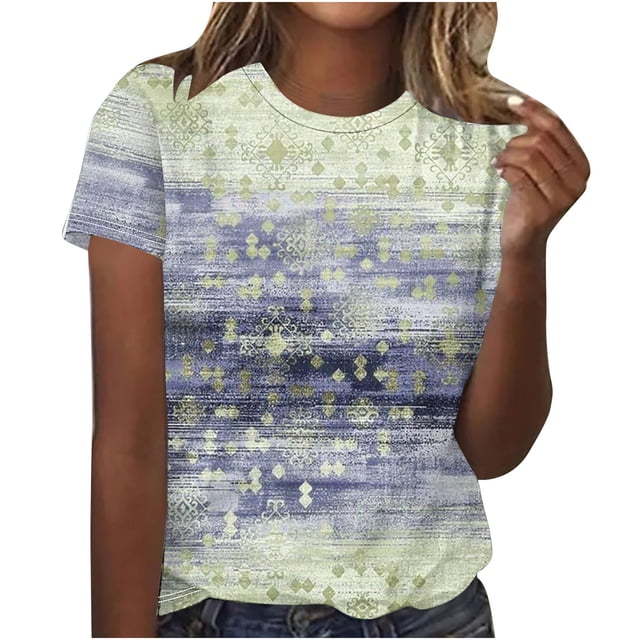 Womens Retro Printed T-Shirt Round Neck Short Sleeved Top