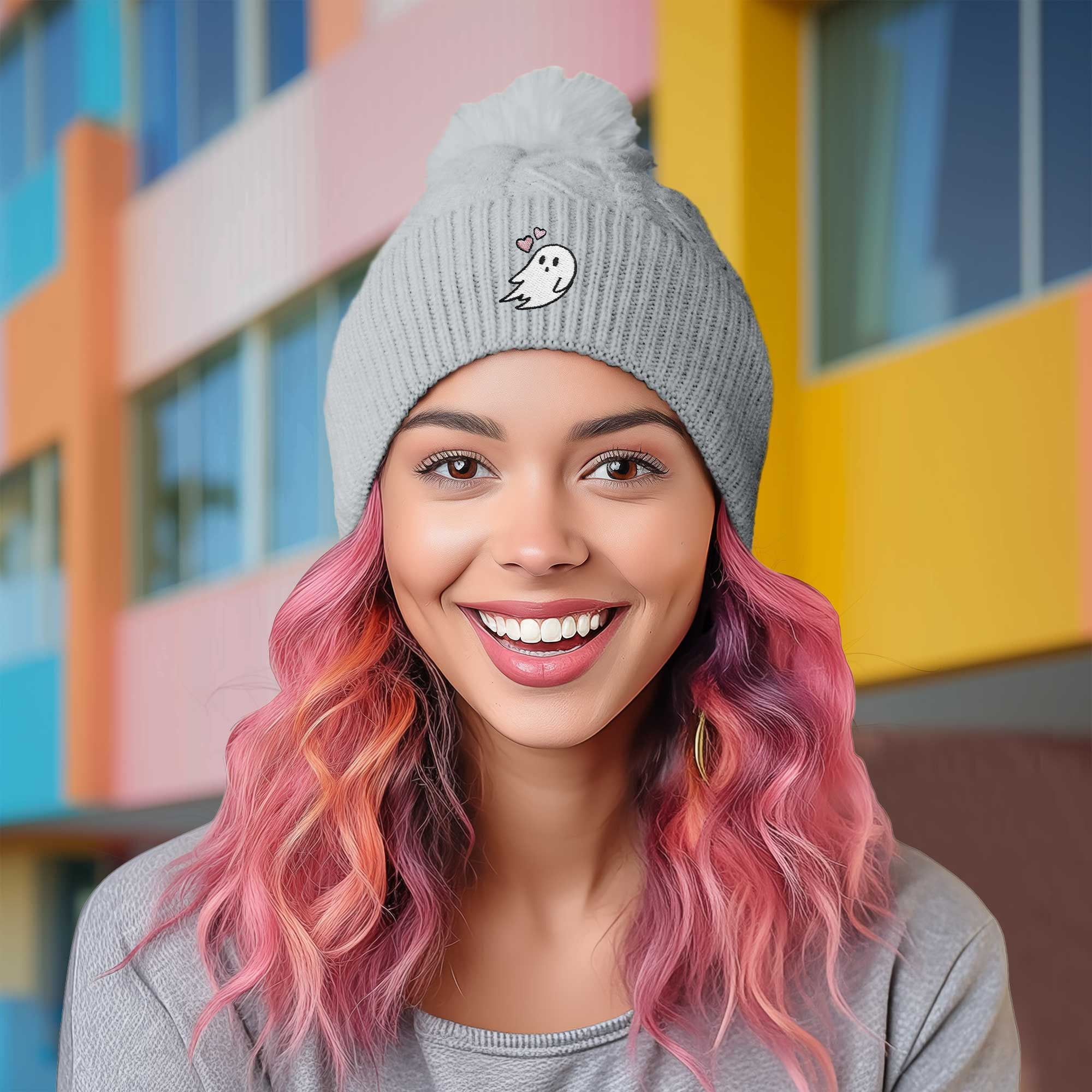 Dalix Heartly Ghost Cable Knit Pom Beanie Soft Stretch Skully Warm Fuzzy Faux Sherpa Winter Ski Beanie in Gray