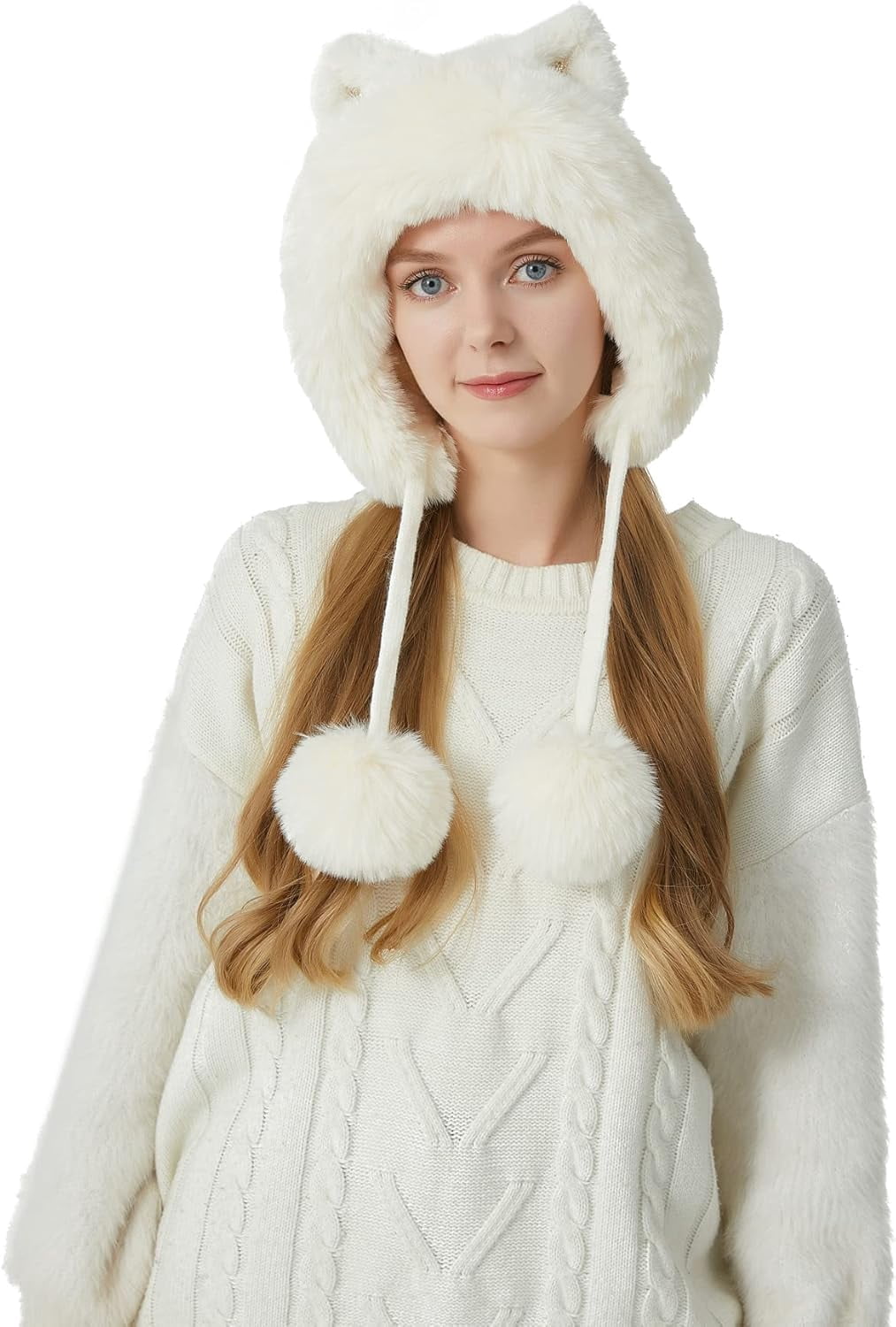 Women Winter Cover Ears Beanie Hat Ear Flaps Ski Snow Hats Knit Fleece Lined 3 Pom Pom