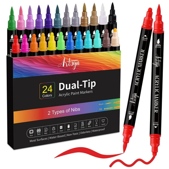 Créations Colorées : 24 Stylos de Peinture Acrylique à Double Pointe pour Peinture sur Roche, Calligraphie et Bricolage
