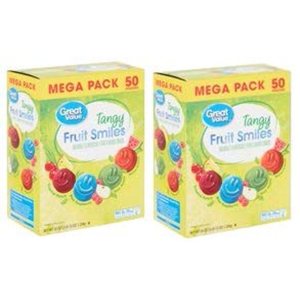 Great Value Tangy Fruit Smiles, 45 Oz, 50 Pouches (Pack of 2)