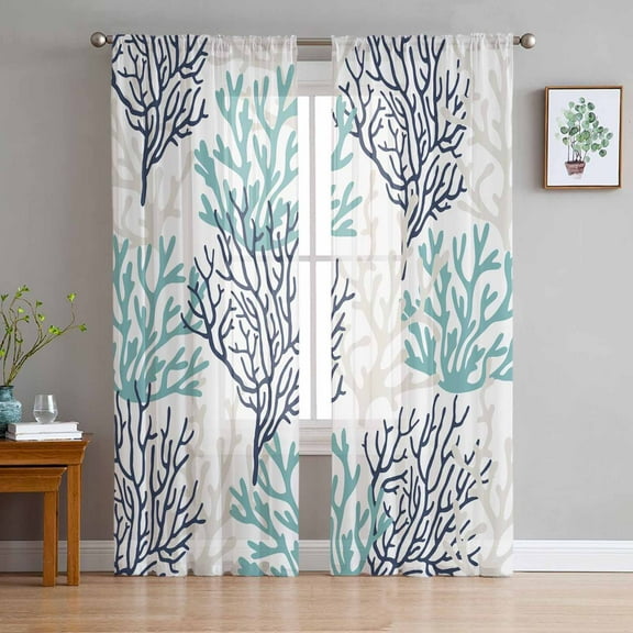 Teal Blue Grey Coral Coastal Semi Sheer Curtains 72 Inch Length 2 Panels Set,Summer Beach Seaside Nautical Sheer Kitchen Curtain Privacy Voile Window Curtain for Living Room Bedroom Rod Pocket Drapes