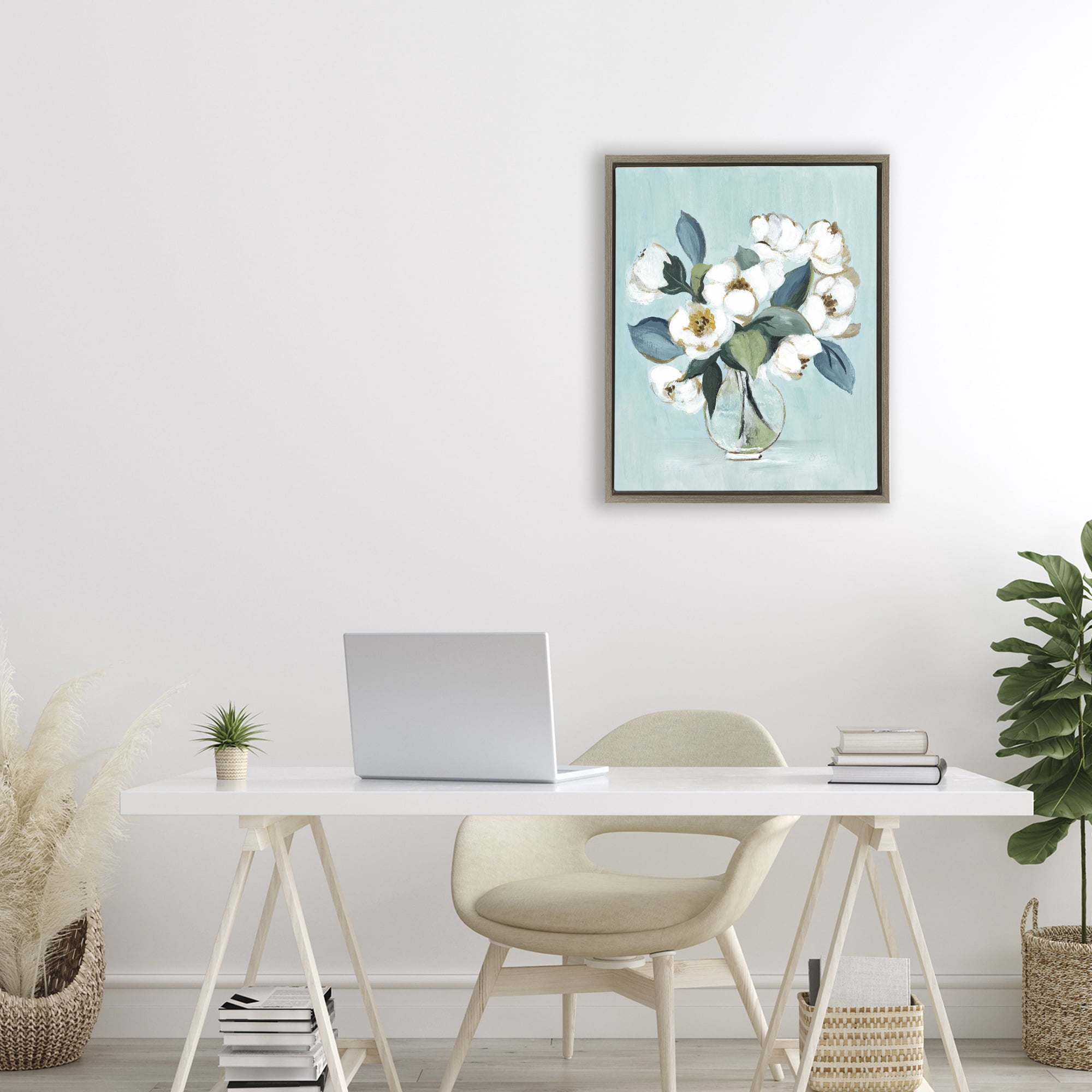Stupell Industries Magnolia Arrangement over Blue Brown Framed Floater Canvas Wall Art, design by Janet Tava