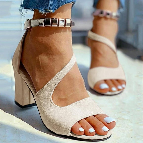Pisexur Sandals Womens New Buckle Strap Chunky Heel Sandals Women's High Heels Beaded Fish Mouth Women's Sandals Sandales Pour Femmes