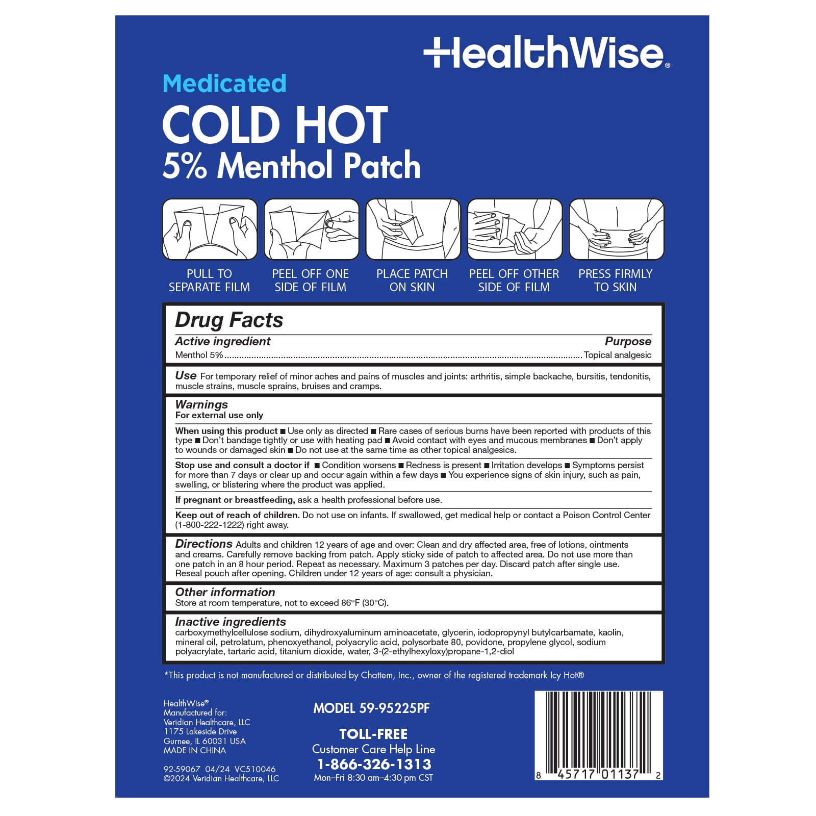 HealthWise Cold Hot Medicated Menthol Patch | 5% Menthol | Back and Large Areas | 7.87” x 3.93” | 25-Count | Paraben-free | Soothes Minor Aches and Pains