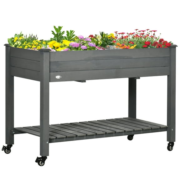 Raised Garden Bed, Elevated Wooden Planter Box with Lockable Wheels, Storage Shelf, and Bed Liner for Backyard, Patio, Dark Gray 47" x 22" x 33"