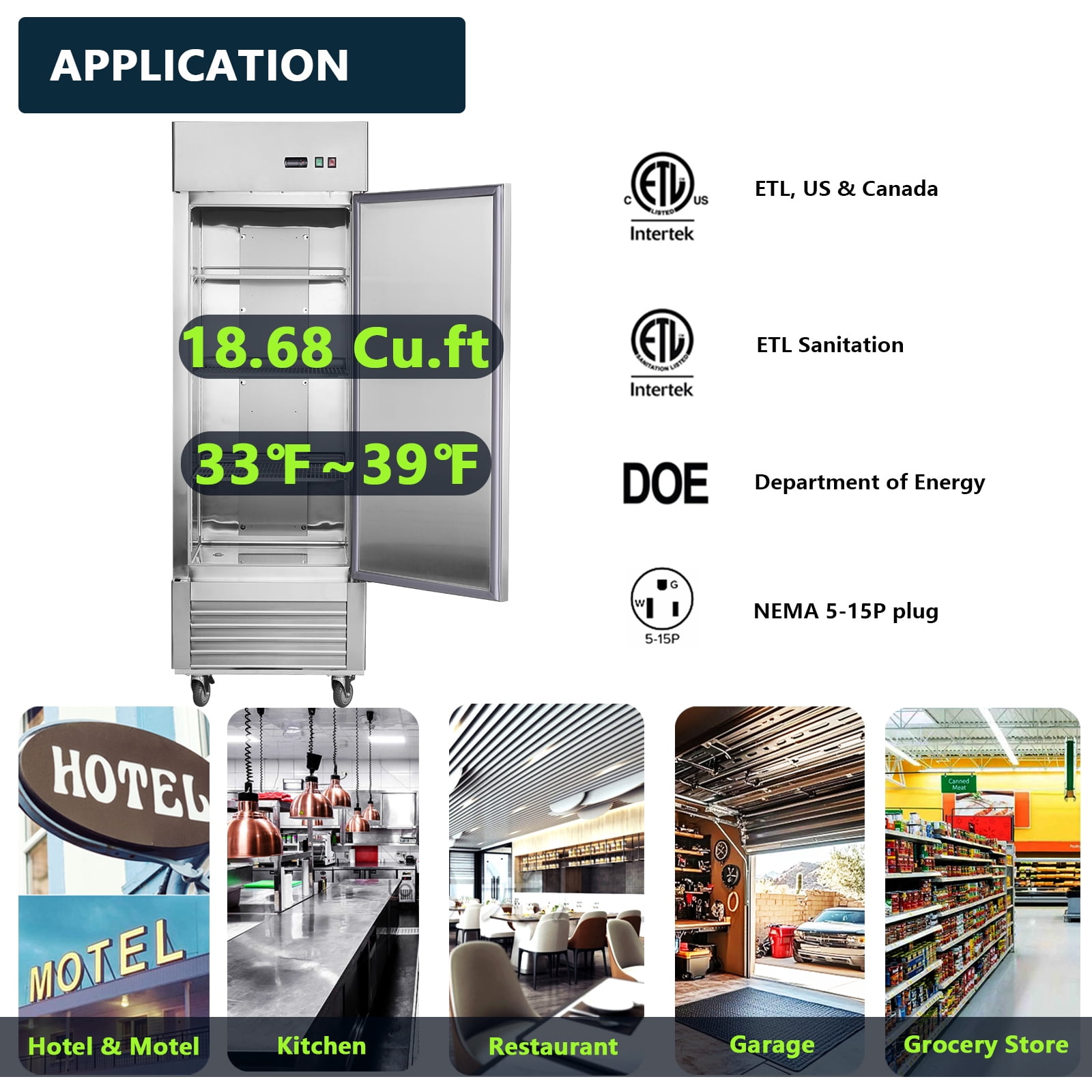 27" Commercial Refrigerator, 18.68 Cu.ft Single Solid Door Reach-in Refrigerator, Stainless Steel Interior & Exterior, Fan Cooling Upright Fridge with Embraco Compressor, ETL & DOE Certified