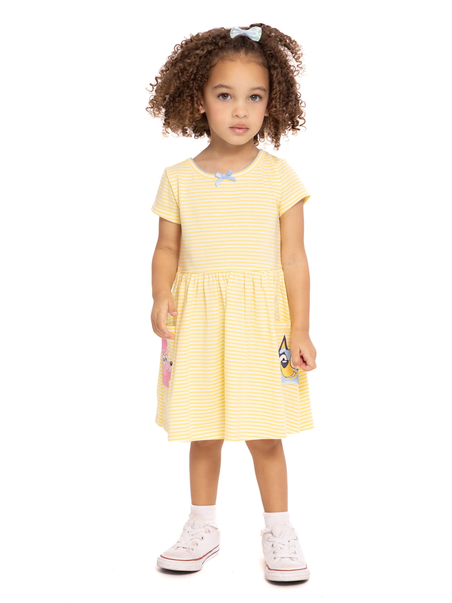 Bluey Toddler Girl Short Sleeve Striped Dress with Graphic Pockets, Sizes 12M-5T