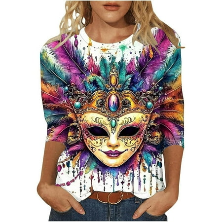 FYEGRE Mardi Gras Shirts for Women Carnival Print V Neck Short Sleeve T-Shirt For Women Soft Casual Fashion Top Comfortable Daily Wear Tee Gold L