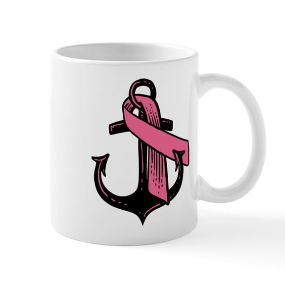 CafePress - Pink Ribbon Anchor Mugs - 11 oz Ceramic Mug - Novelty Coffee Tea Cup