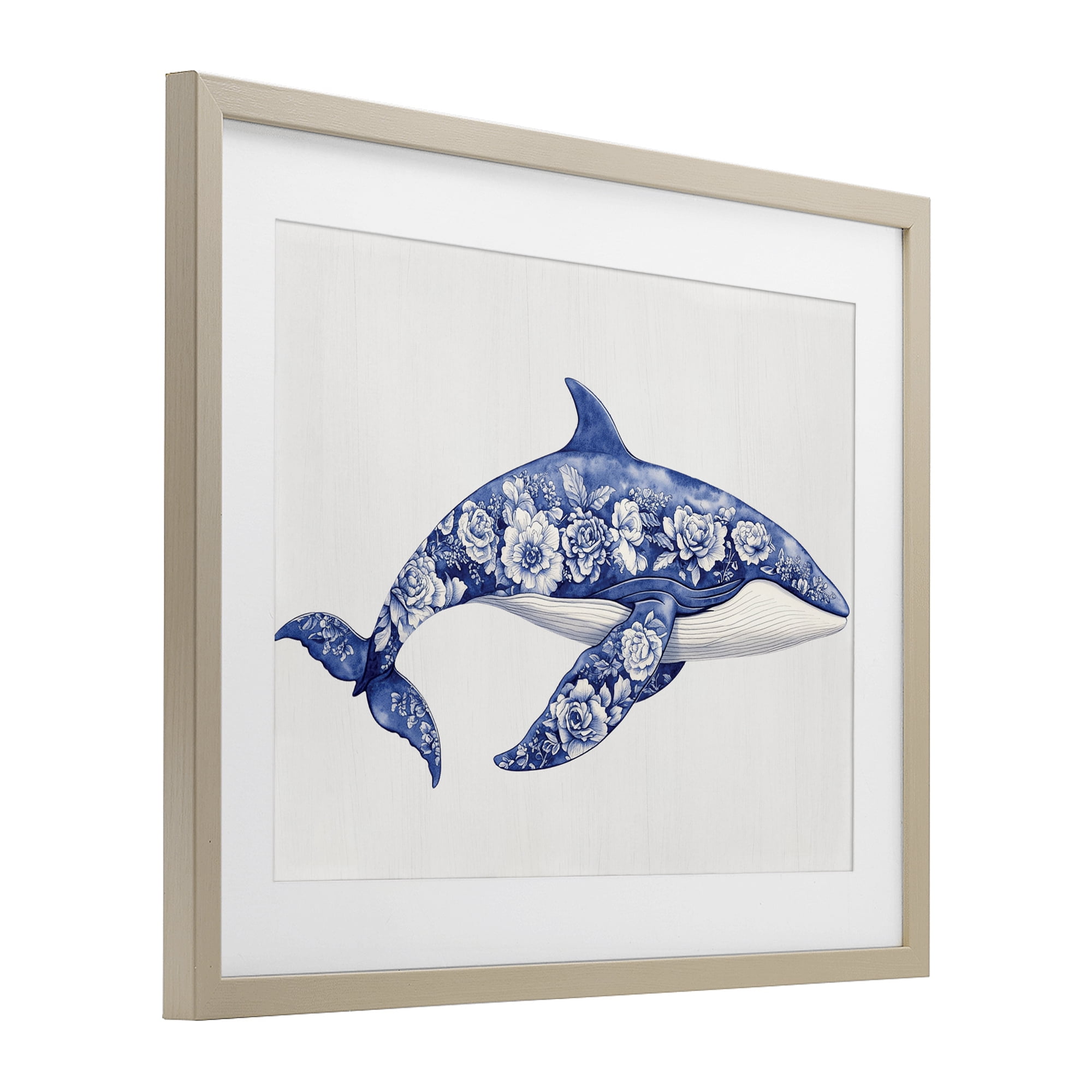 Floral Toile Whale Birch Framed Print Under Glass, design by Lettered and Lined