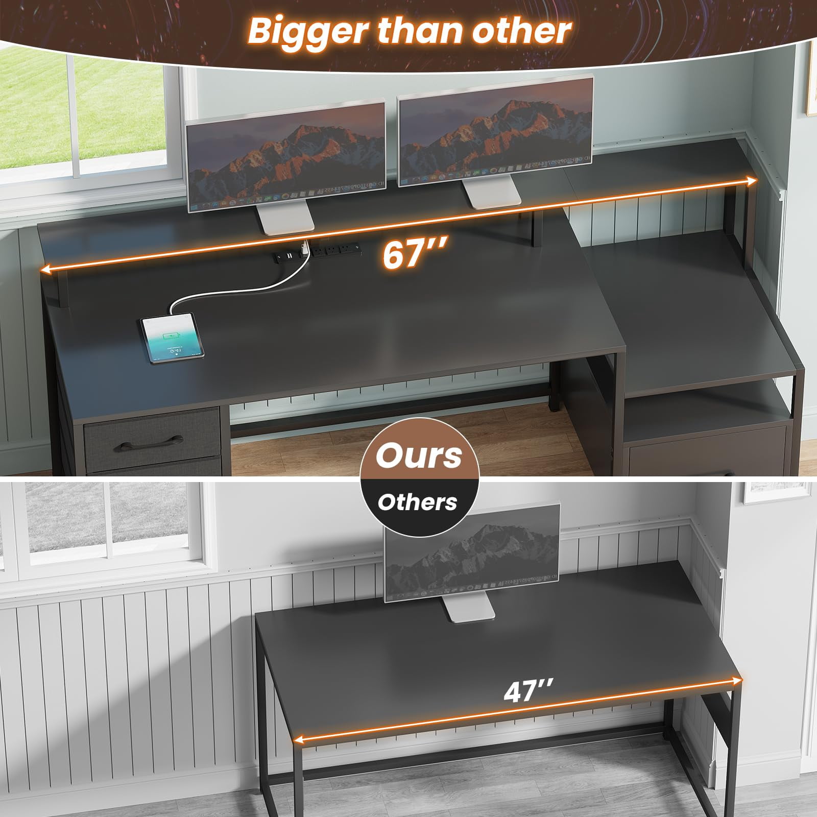 SEDETA Gaming Desk with 5 Drawer, Power Outlet & Led Lights, 66" Home Office Desk with File Drawer, Storage, Monitor Shelf, Computer Desk, Black