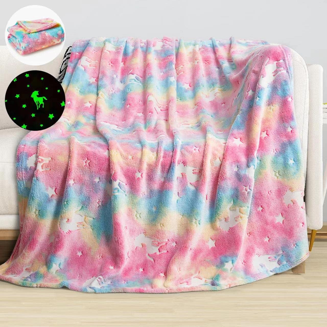 Homore Pink Unicorns Glow in The Dark Blanket Gifts for Girls Luminous