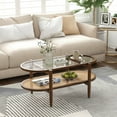 thumbnail image 2 of Topbuy 2-Tier Acacia Wood Coffee Table Mid-Century Modern Rectangular Center Table with Glass Tabletop and Imitation Rattan Storage Shelf, 2 of 7