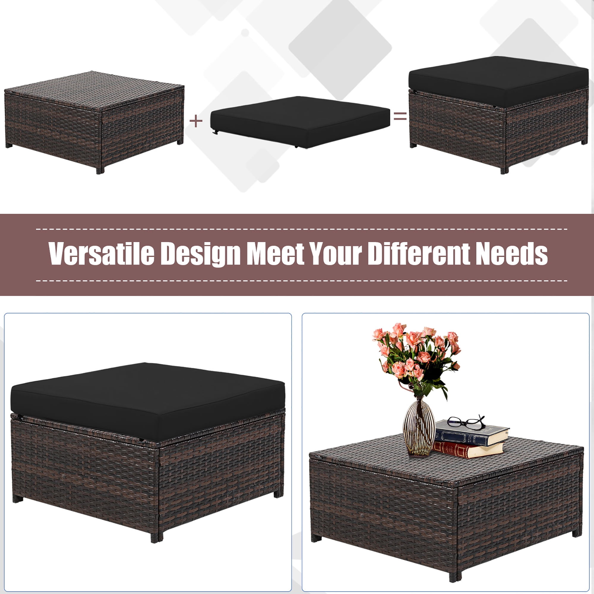 Costway 5PCS Patio Rattan Furniture Set Loveseat Sofa Ottoman Cushioned Black