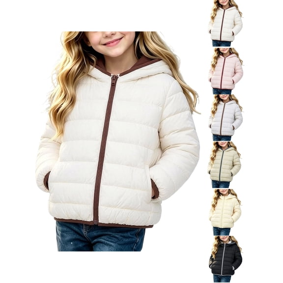 Puffer Jacket Zaewscy Girls Hooded Lightweight Puffer Jacket Full Zip Quilted Warm Casual Outerwear Coat White 9-10Years