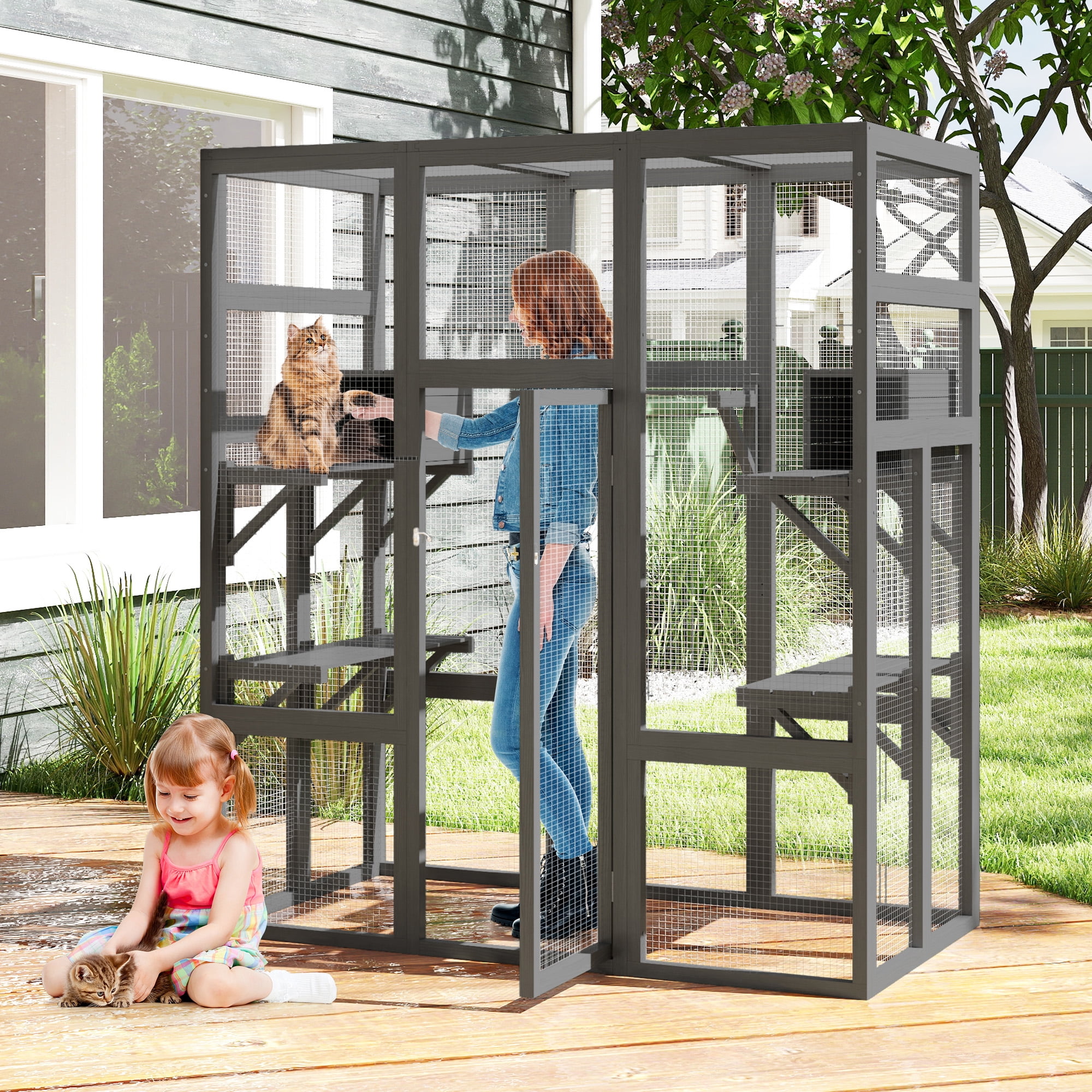 Coziwow Large Wooden Cat House, Outdoor Cat Enclosure with Weather Protection Roof, Catio Cat Cage with 5 Platforms and 2 Caves, Gray