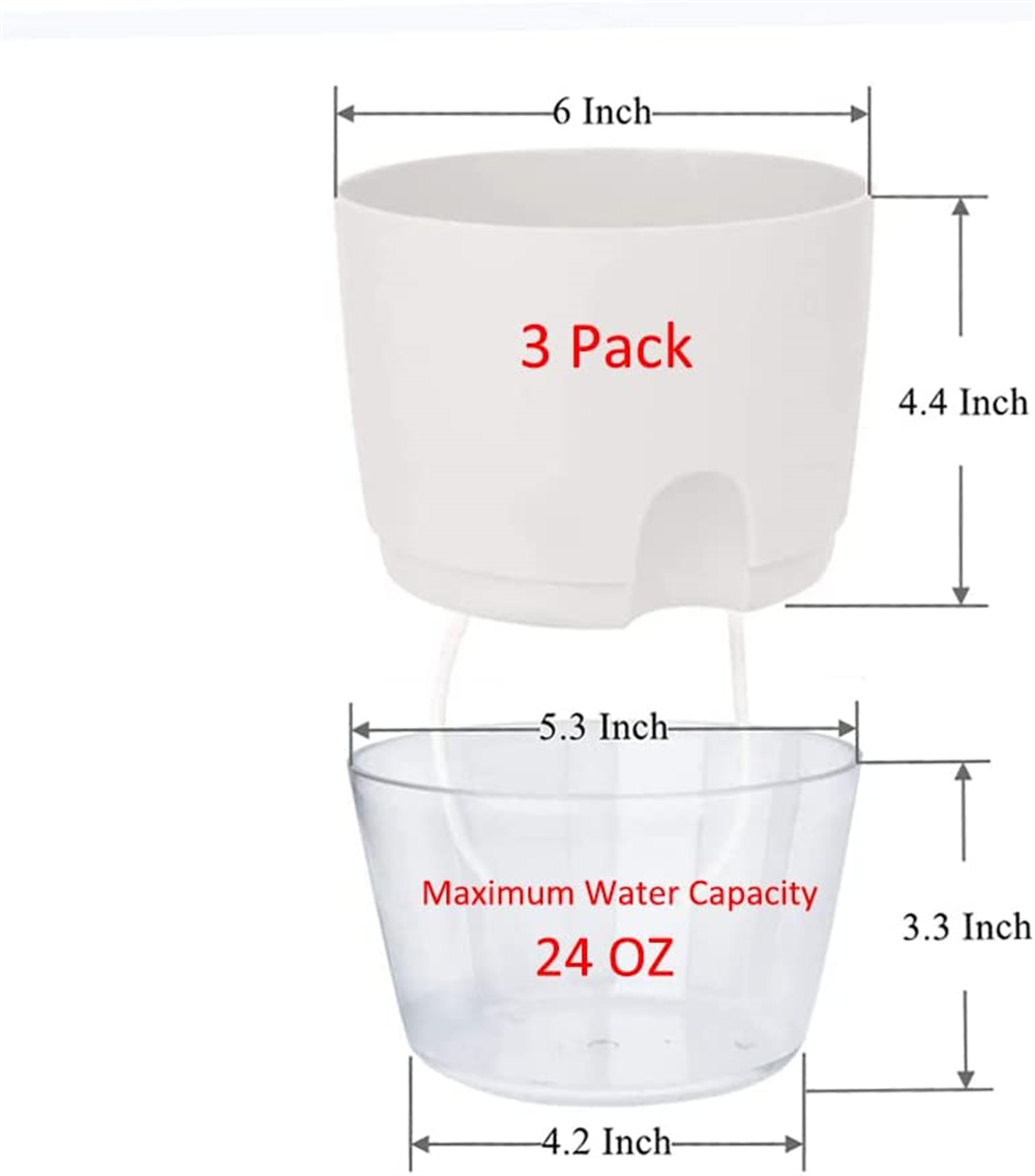 NOGIS 6 Inch Self Watering Flower Pots - Set of 3 Plants Wicking Pots, Violet Pots with Wick Cotton Rope, Plastic Planter Pot with Large Water Storage for Indoor Plants, Flowers, Herbs (White)