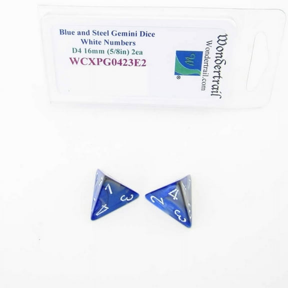 Blue and Steel Gemini Dice with White Numbers D4 Aprox 16mm (5/8in) Pack of 2 Wondertrail
