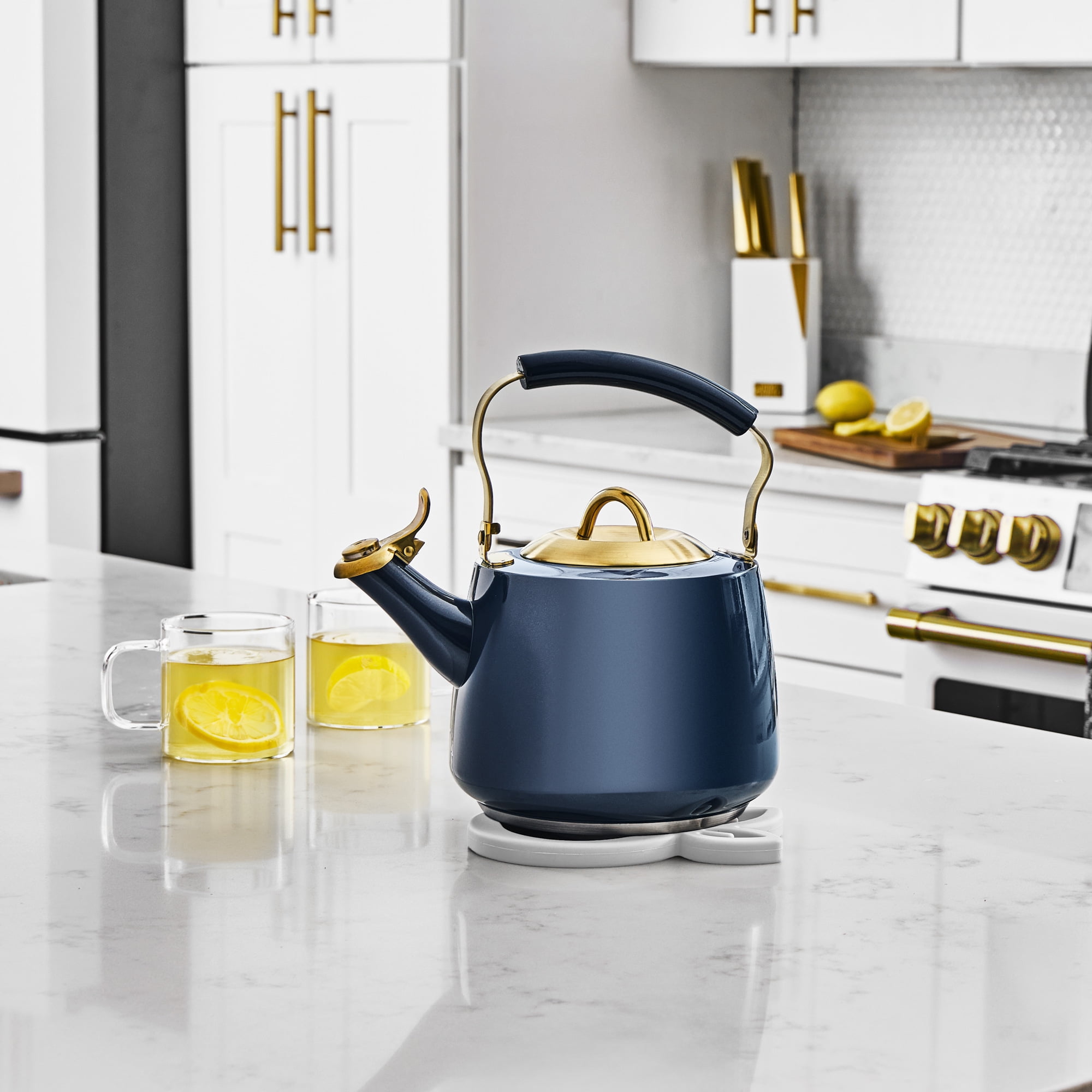 Thyme & Table Stainless Steel 1.8L Stovetop Tea Kettle- Blue & Gold